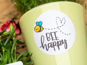 Auf einem hellgrünen Blumenübertopf klebt ein runder Aufkleber von Avery Zweckform auf den „Bee Happy“ und eine Biene gelettert wurde. 