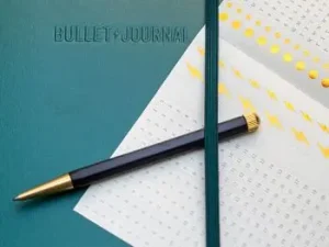 Auf einem dunkelgrünen Bullet Journal von LEUCHTTURM1917 liegen ein aufgefalteter Stickerbogen und ein Drehgriffel.