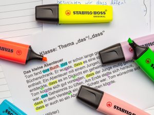 Verschiedenfarbige Textmarker von STABILO liegen auf einem ausgedruckten Text, einzelne Wörter sind farbig markiert. Foto: Johanna Rundel