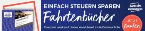 Ein Banner, mit einem Fahrtenbuch und dem Text „Einfach Steuern sparen. Jetzt kaufen.“