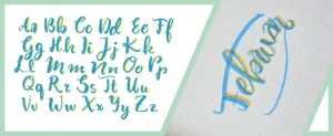 Grafik eines blauen Brushlettering-Alphabets.